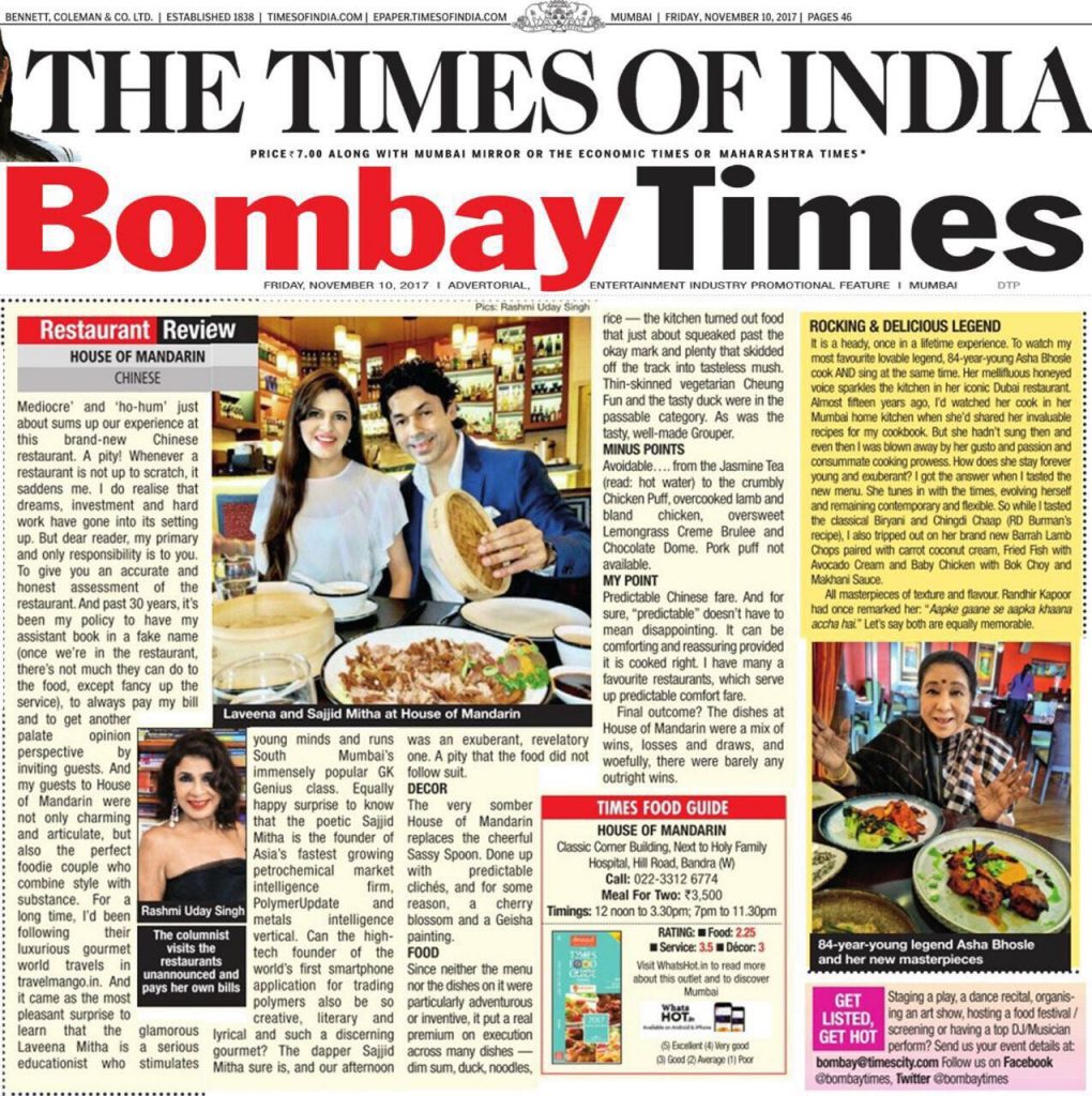 Bombay Times, House of Mandarin, Rashmi Uday Singh, Restaurant Review