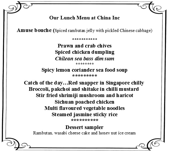 lunch menu at China Inc taj Santacruz, luxury hotel Mumbai, Taj hotels Mumbai, Taj Santacruz Mumbai, Hotel Taj Santacruz Mumbai,