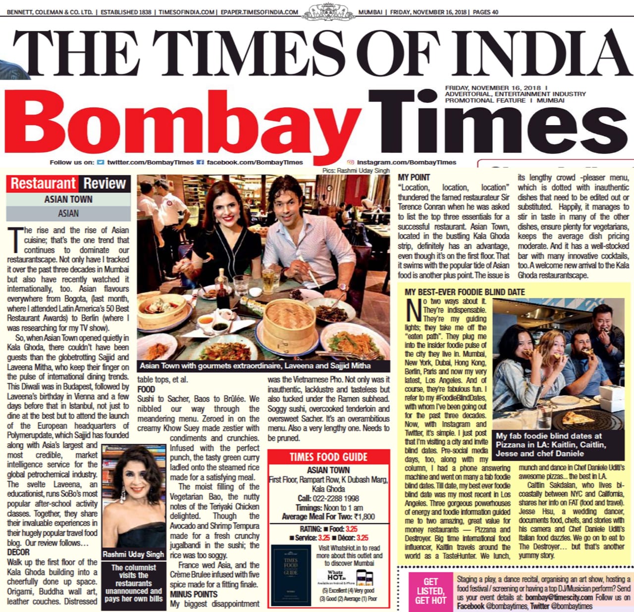 Asian Town restaurant review, Bombay Times, Rashmi Uday Singh, the times of India